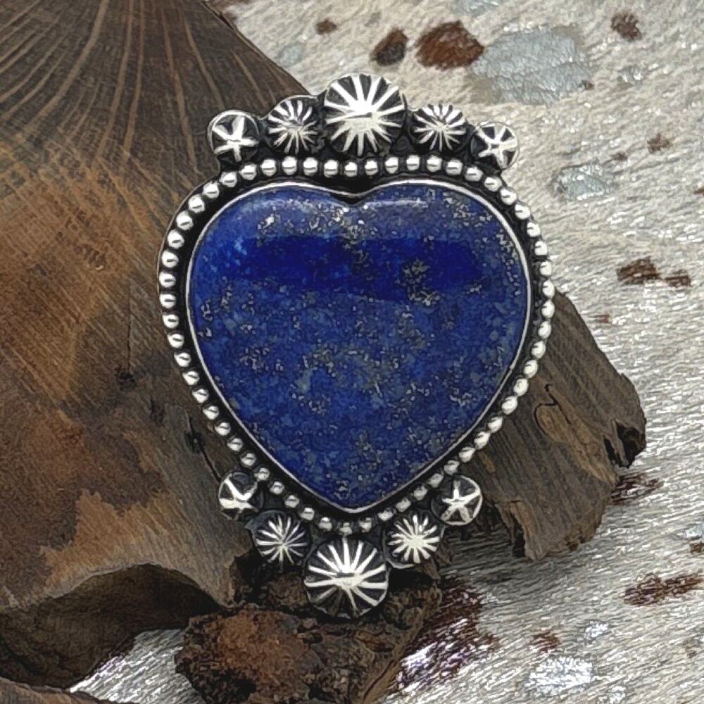 ROSELLA PAXTON Apache Sterling Silver & Lapis Large Heart Ring Starshots Size 8